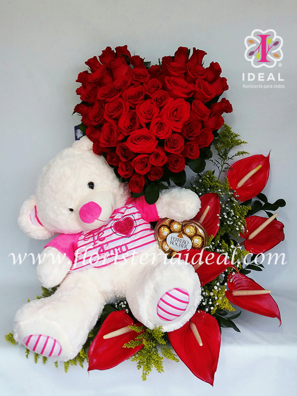 peluche grande con chocolates y rosas 